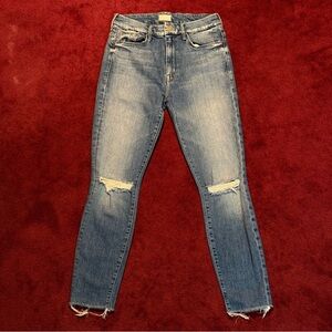 MOTHER High Waisted Looker Ankle Fray Blue Distressed Jeans